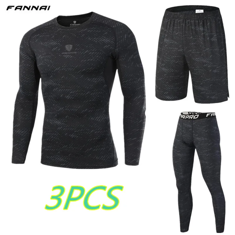 

FANNAI brand Mens Run jogging Sportswear Sports Set Long t shirt,leggings,shorts Gym outdoor workout Tights clothing 3pcs/Sets