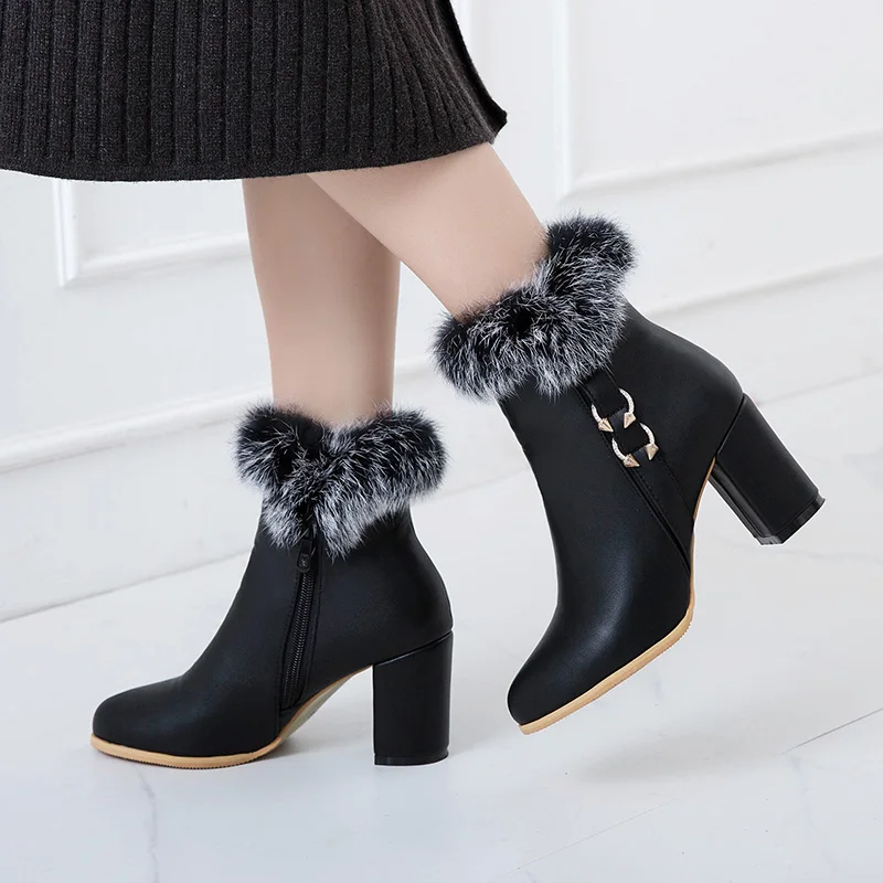 Brand New Winter Sexy White Black Women Furry Snow Boots 3 Inch High Heels Lady Dress Shoes WG31 Plus Big Size 10 33 43 49 52 - Цвет: Black Thick Lining