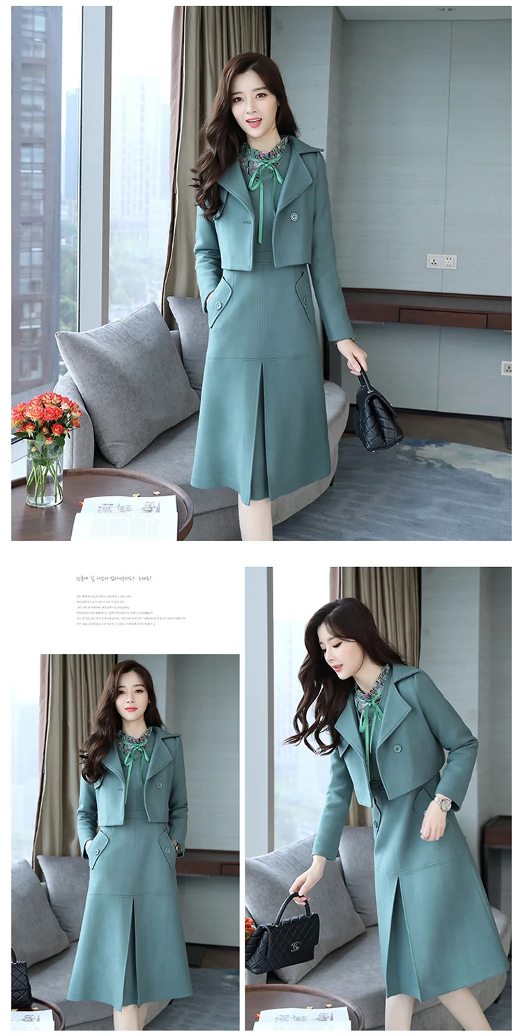 Autumn and winter new woolen long-sleeved short jacket sleeveless dress inside a small shirt elegant goddess fashion three-piece