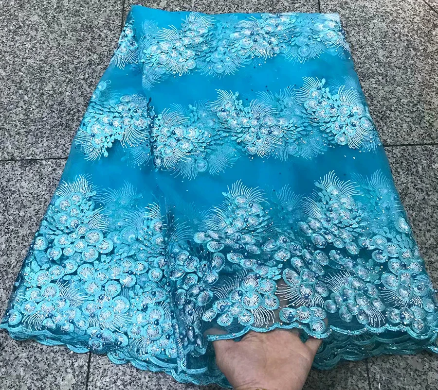 

2018 Beaded Stones Lace High Quality African Tulle Lace Fabric sky blue New Arrival Nigerian Lace Fabrics For Wedding