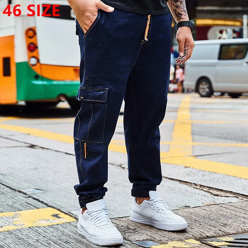 Осенние мужские луч ноги стрейч джинсы большой карман плюс размер человек плюс удобрения XL джинсовые штаны с эластичной талией