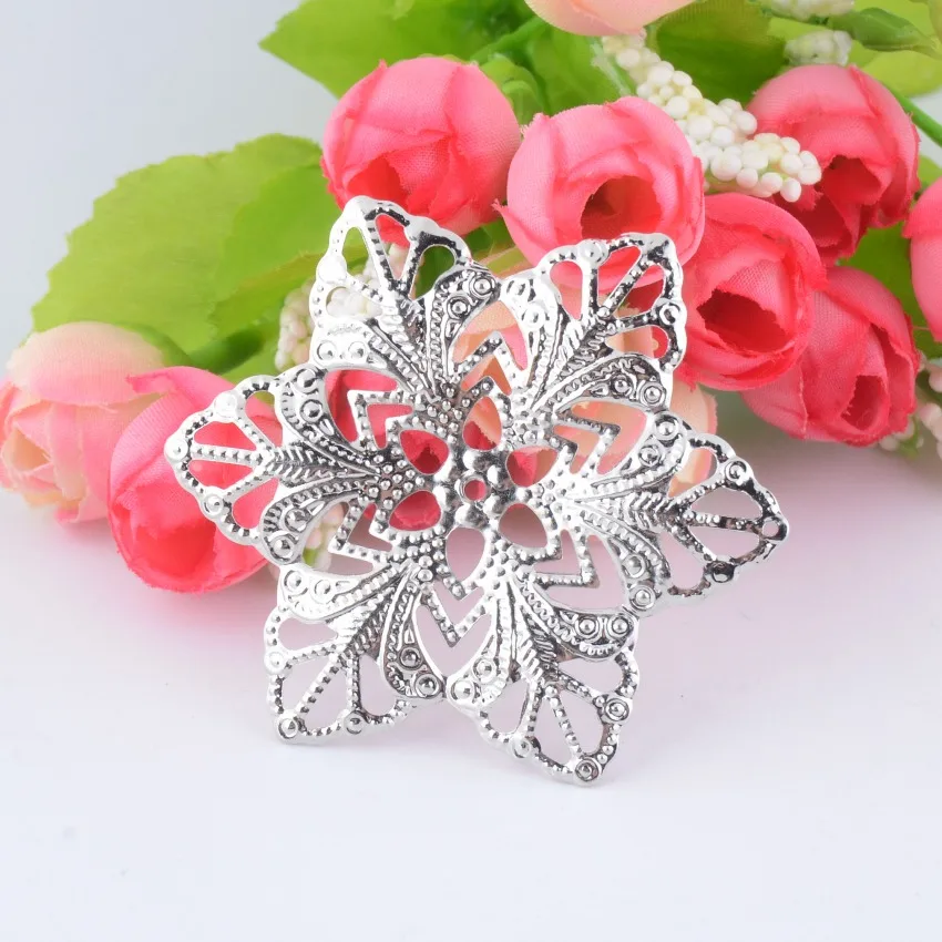 

Free shipping Retail 5Pcs Filigree Flower Wraps Connectors Silver Tone Hollow Gift Decoration DIY 5.7cm x 5cm F0447