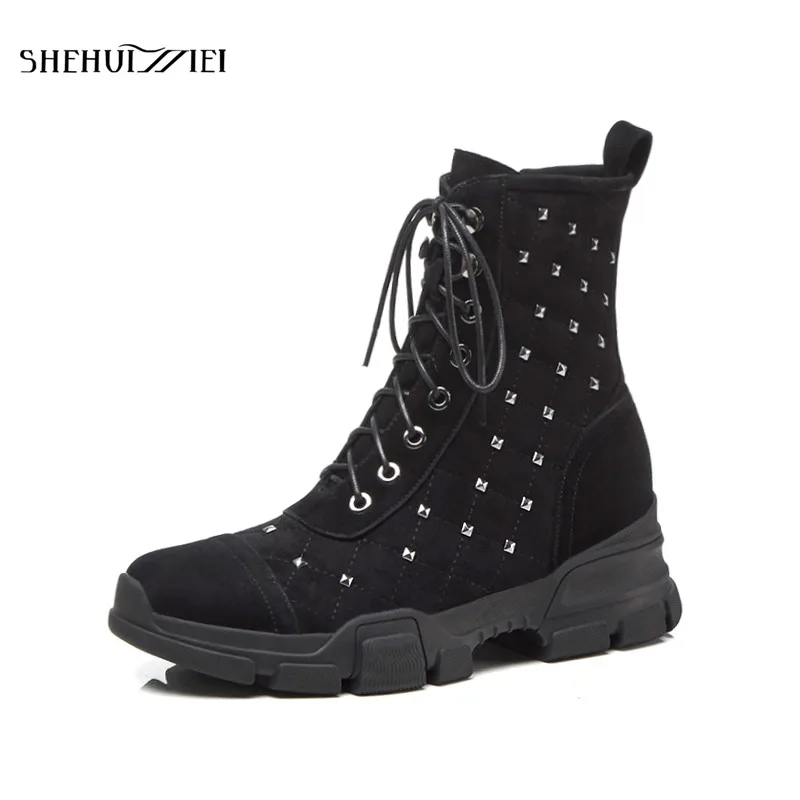 

SHEHUIMEI Women Ankle Boots Genuine Leather Low Heels Platform Round Toe Rivets Fashion European Style Winter Boots Shoes Woman