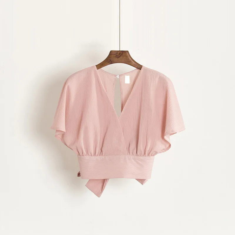 2019 New Summer V-neck Shirts Backless Bowtie Lace Up Chiffon Blouses High Waist Short Batwing Sleeved Sexy Tank Tops W70 2019 New Summer V-neck Shirts Backless Bowtie Lace Up Chiffon Blouses High Waist Short Batwing Sleeved Sexy Tank Tops W70