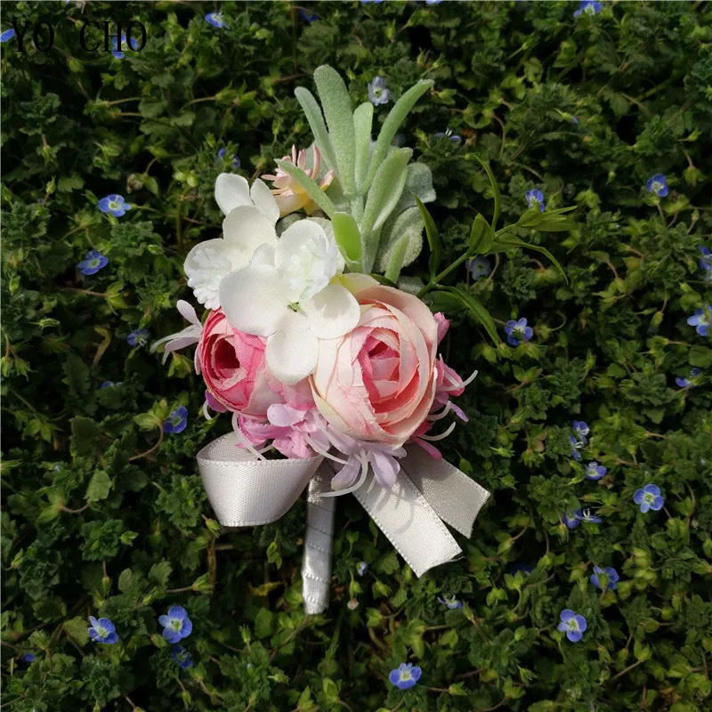 Wedding Accessories Boutonnieres Corsages Pink Rose Cuff Bracelet Flore Bridesmaid Groomsmen Marriage Silk Wrist Corsages (31)