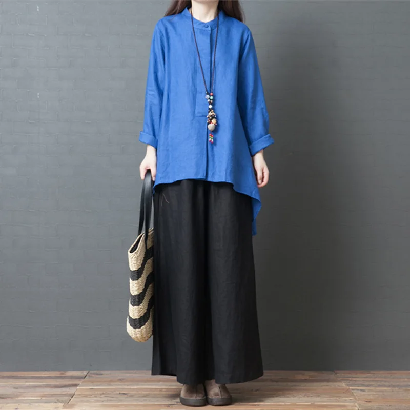 Johnature, женские рубашки в Корейском стиле, 4 цвета, блузки, свободные, со стоячим длинным рукавом, хлопок, лен, для женщин,, весенние топы и рубашки - Цвет: Синий