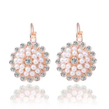 Новая мода Кристалл CZ розовое золото-цвет элегантный круглый белый жемчуг серьги с подарком свадебные серьги, ювелирные изделия