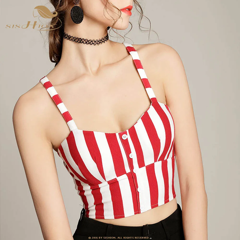 

SISHION Black Red White Striped Tank Crop Top SP0086 Short Sexy Women Summer Top Vintage Retro Bustier Top Plus Size