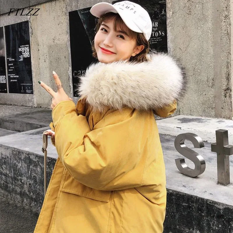 

FTLZZ Winter Jackets Women Warm Hooded Long Cotton Parkas Snow Large Fur Collar Jackets Overcoat Female Thick Cotton Coat