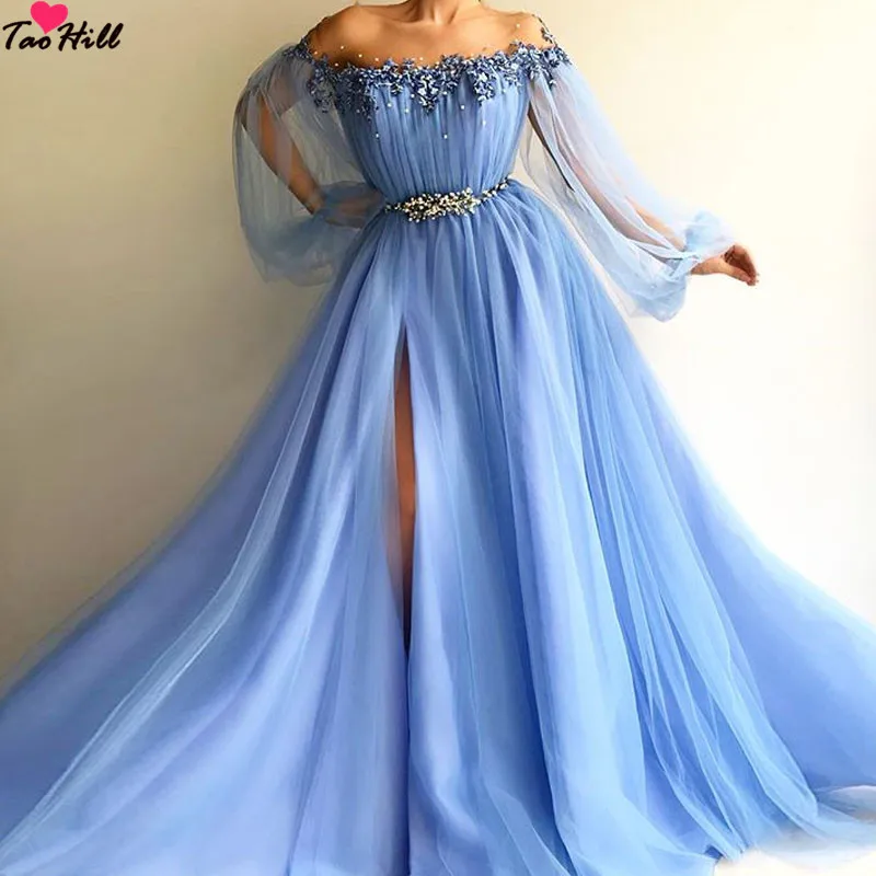 TaoHill вечернее платье светло-голубой вышитые бисером Длинные рукава складки жемчуг Формальное длинное сексуальное вечернее платье аппликация халат De Soiree