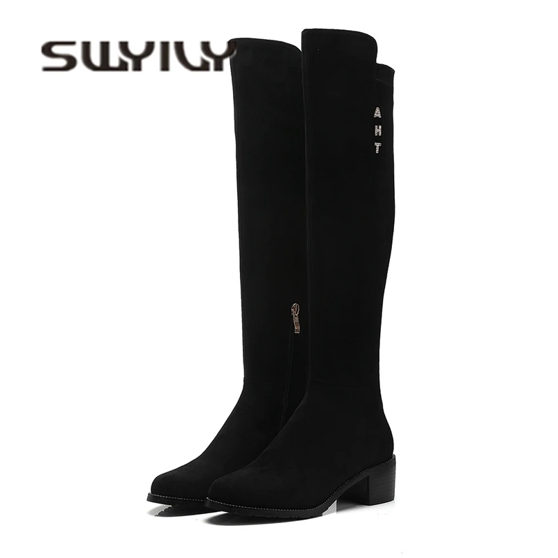

SWYIVY Woman Boots Knee High Genuine Leather Suede 2019 Spring Autumn New Female Comfortable Fashion Shoes Long Boots Woman Grey