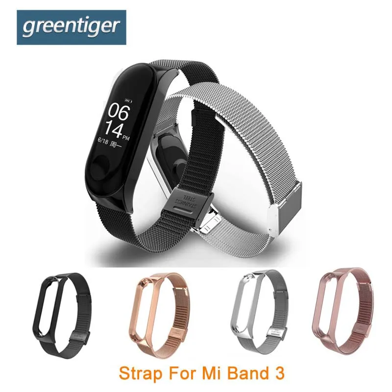 

New Greentiger Metal strap For Xiaomi Mi band 3 Smart Bracelet Metal wristband replacement Strap For Xiaomi Mi band 3 Smart band