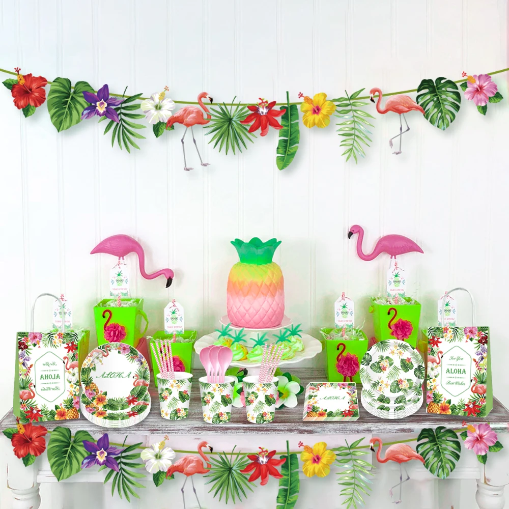 

OHEART Summer Hawaii Theme Party Decorations Flamingo Plates Napkins Disposable Tableware Wedding Happy Birthday Party Favors