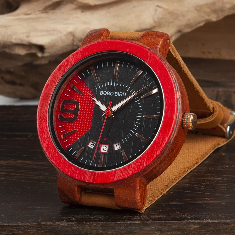 BOBO BIRD Men Wooden Watches Date Display Relogio Masculino Wristwatch Leather Strap Timepieces Men's Gifts Items W-iQ20