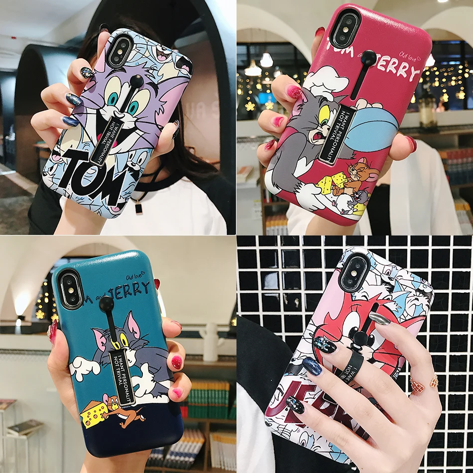 

AXBETY For iPhone XS MAX/XR/xs For iPhone 8 7 6s Plus Cover Fashion Cat Cartoon Silicon Ring Hide Stand Holder Case For iPhone8