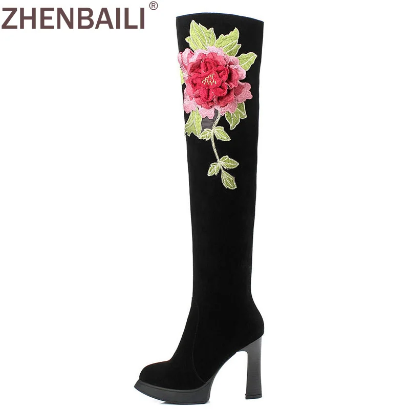 

Cow Suede Winter Women Boots 2017 Fashion Warm Short Plush Super High Heel Leather Boots Embroider Big Flower Over Knee Boots