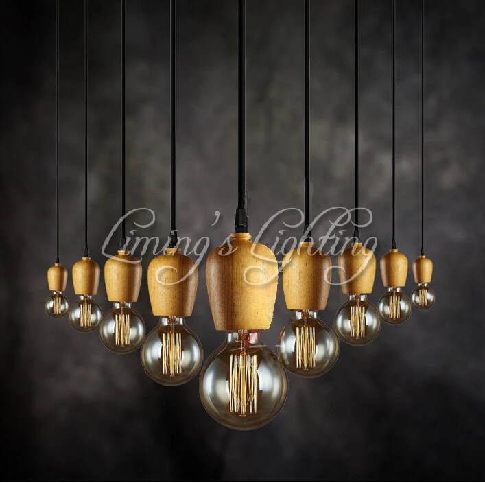 Native Wood EDISON Handmade Muuto E27 Colorful Arts Bar Wooden Chandelier Hanging LED Pendant Lamp Lights