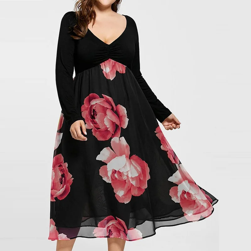 

Plus size dresses for women 4xl 5xl 6xl Casual long sleeve patchwork printed swing midi dress sukienka grote maten dames kleding