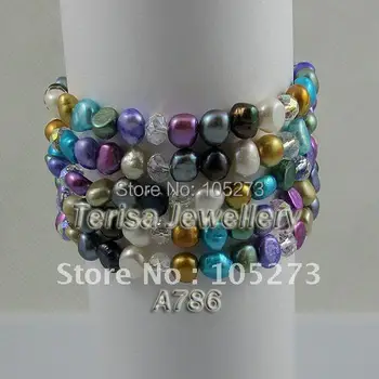 

Free Shipping A786 New Mix Color Bracelet AA 6-7MM 7.5INCH 5Rows Baroque Shaper Natural Fresh Water Pearls Fashion Bracelet.