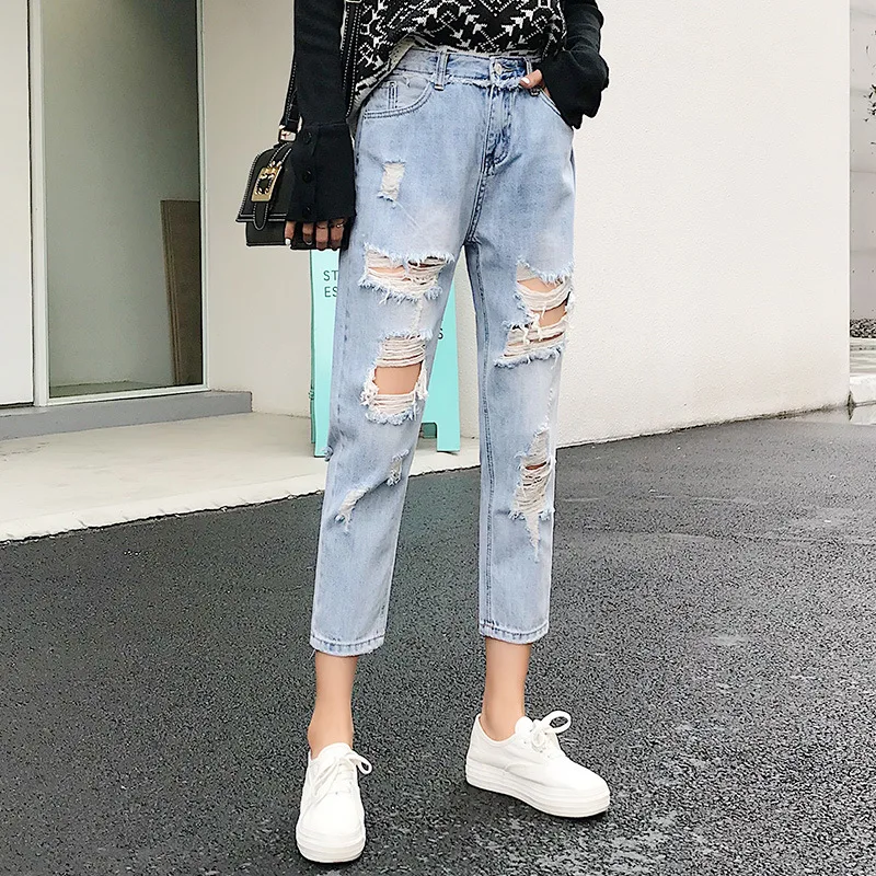 Billige Zerrissenen Jeans Für Frauen Blau Lose Vintage Weibliche Mode Frauen Hohe Taille Neue Stil Baggy Mom Jeans Frauen Hosen Casual jeans