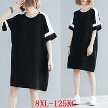Женское платье большого размера черного и белого цвета с вышивкой размера плюс 5XL 6XL 7XL 8XL летнее свободное платье с круглым вырезом и коротким рукавом