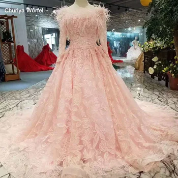 

LSS263 pink girls pageant dresses long tulle sleeves o neck feathers appliques prom dresses cheap A-line evening party dresses