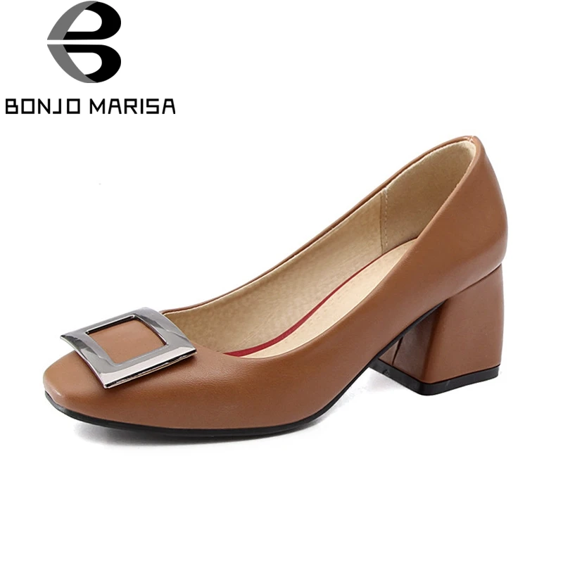 

BONJNOMARISA Women's Square Buckle Decoration Slip On Official Pumps Med Chunky Heel Shoes Woman Big Size 34-43