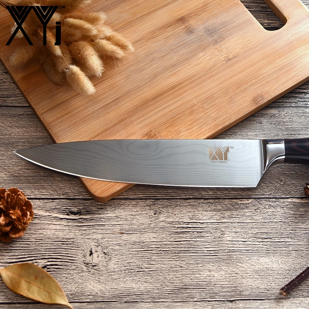 XYj кухонные ножи 8 дюймов 7Cr17 нож шеф-повара из нержавеющей стали резак для замороженного мяса с цветной деревянной ручкой ультра-тонкие лезвия инструменты для приготовления пищи