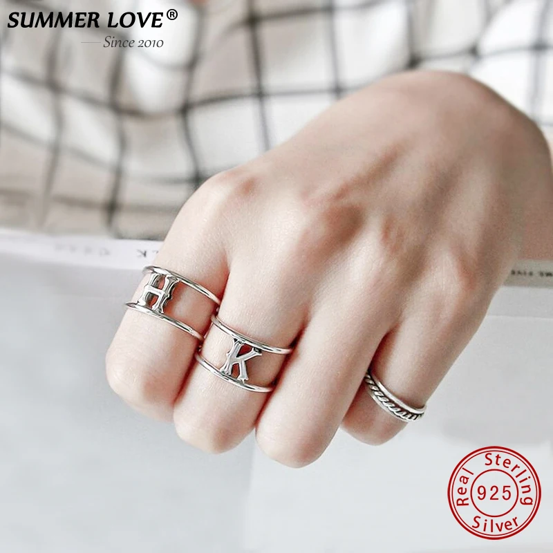 

SUMMER LOVE 2017 925 sterling silver Jewelry Roman Alphabet Rings For Women Men Fine Jewelry Solid letters Open rings