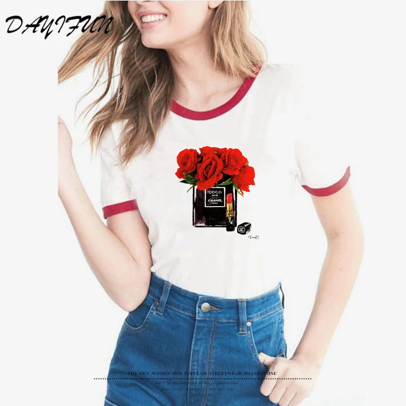 

2019 Harajuku T shirt Women Flower Perfume T-shirt Summer Short Sleeves Casual Female T shirts Plus Size Tops Tees tshirts C422