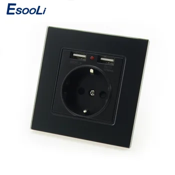 

Esooli Black Luxury Glass Panel Wall Power Socket 16A EU Electrical Outlet With 2.1 A Dual USB Socket Charger Port for Mobile