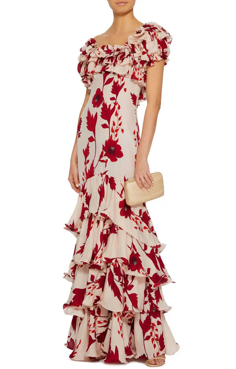 Богемное винтажное цветочное печатное длинное платье с оборками женское элегантное шифоновый с открытыми плечами Макси платье подиумные платья
