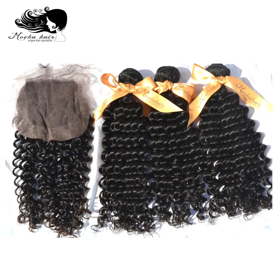 1PC Top Closure with 3PCS 6A Brazilian Virgin Hair Weft,Mocha Hair Product,4PCS Lots,Best Match,Virgin Curly Hair,Shipping Free