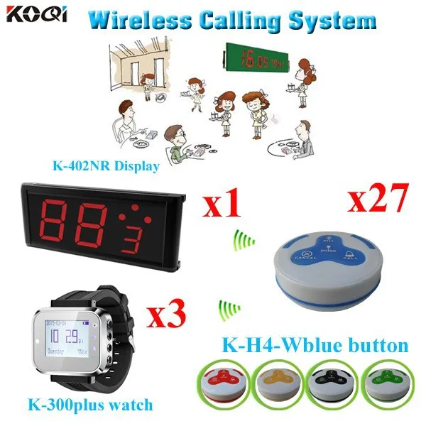 K-402NR+300plus+H4-Wblue 1+3+27 Wireless Paging System  For Restaurant Reliable Buzzer Press The Button Equipment( 1 display + 3 watch + 27 call button)