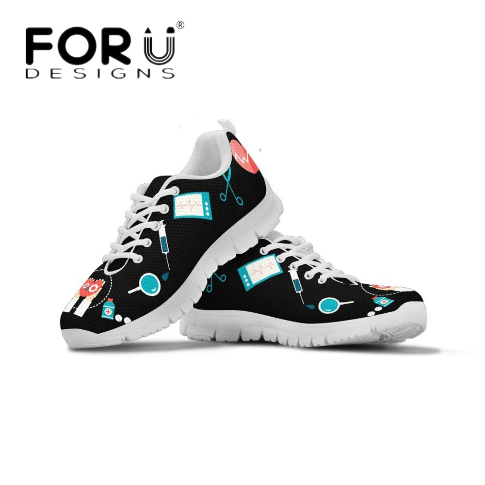 

FORUDESIGNS Nurse Medical Pattern Woman Spring/Autumn Lace up Sneakers Fashion Black Flats Shoes for Teen Girls Casual Footwear
