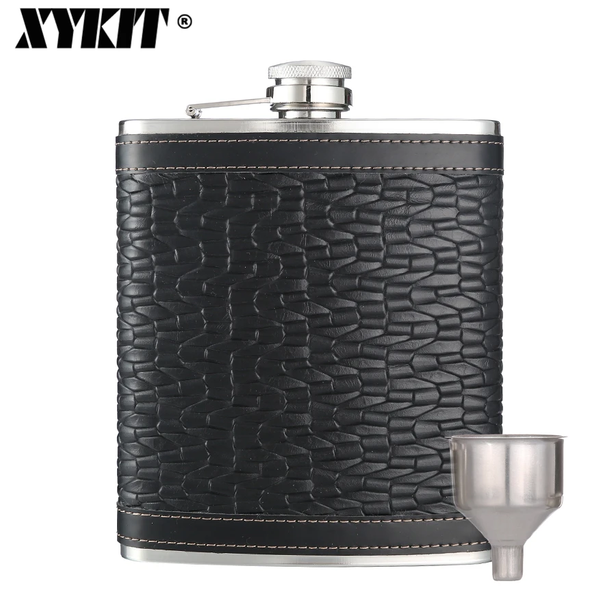 

XYKIT 18oz Stainless Steel Hip Flask Leather Black Fluted Leather Outdoor Sports Portable Wine Flask For Whiskey