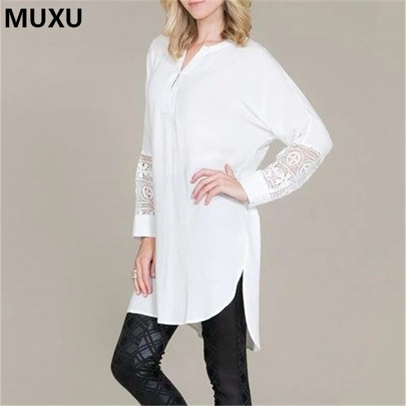 MUXU new sexy autumn white shirt dress long sleeve patchwork lace dress vestidos mujer jurk casual shirt ladies loose dress 2017 long-white-lace-dress