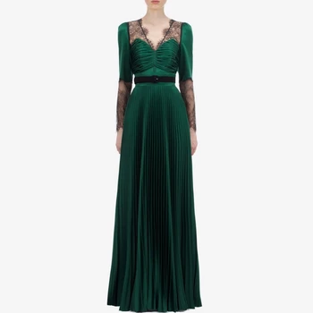 

Autumn Vintage Green Velvet Lace Patchwork V-neck Long Party Dress Women 2019 Long Sleeve Draped Maxi Dress Self Portrait Dress
