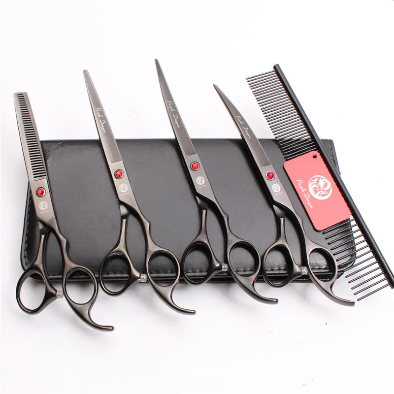 

Z3003 5Pcs Set 7'' 19.5cm Black Professional Pets Hair Steel Comb + Cutting Shears + Thinning Scissors + Dogs Cats Curved Shears