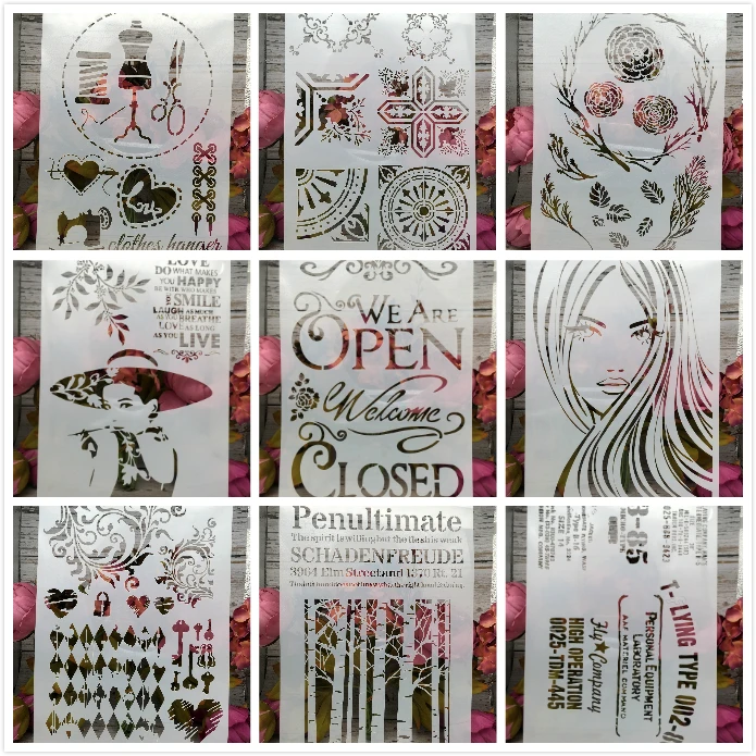 

A4 Girl Sewing Words DIY Craft Layering Stencils Wall Painting Scrapbooking Stamping Embossing Album Paper Card Template