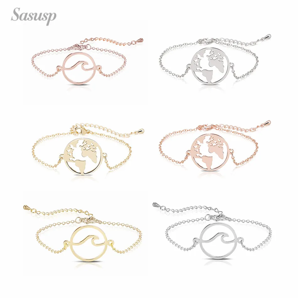 

Sasusp Vintage Stainless Steel Wave Butterfly Bracelets & Bangles for Women and Girls World Map Geometric Bracelet femme Jewelry