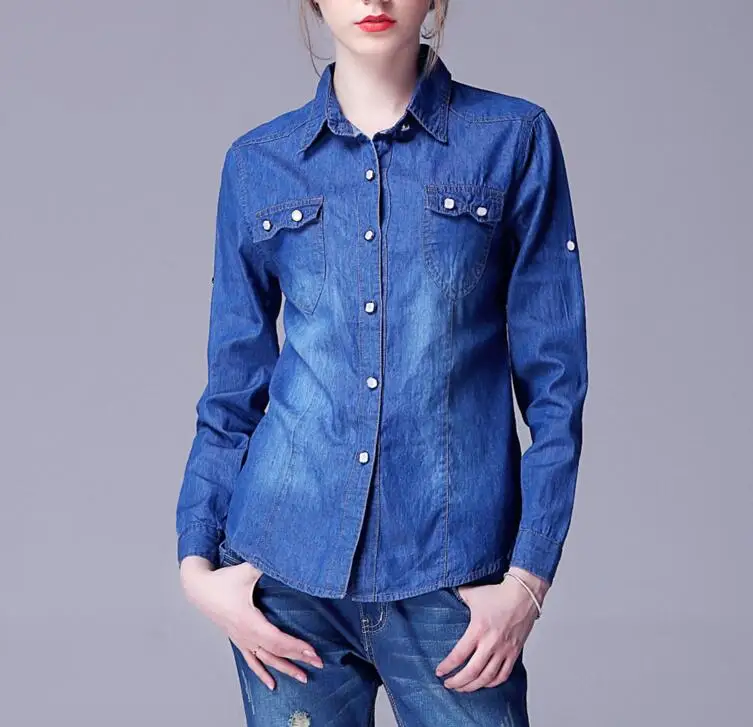 Buy Women Jeans Shirts Long Sleeve Light Blue Denim Shirts Vintage Cowboy Tops