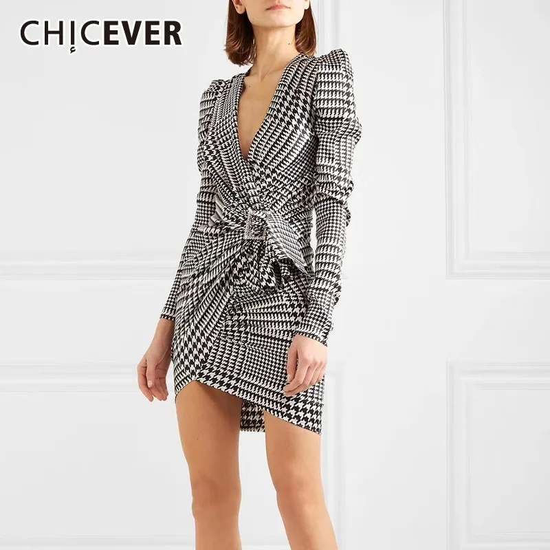 

CHICEVER Elegant Plaid Print Dress For Women V Neck Half Sleeve High Waist Slim Mini Dresses Female Summer 2019 Fashion New Tide