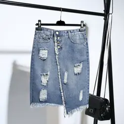 Модные рваные Для женщин Джинсовые юбки АСИММЕТРИЧНЫМ ПОДОЛОМ кисточкой большой джинсовая юбка 2018 Новый осень, для женщин тонкий юбка Femeninas