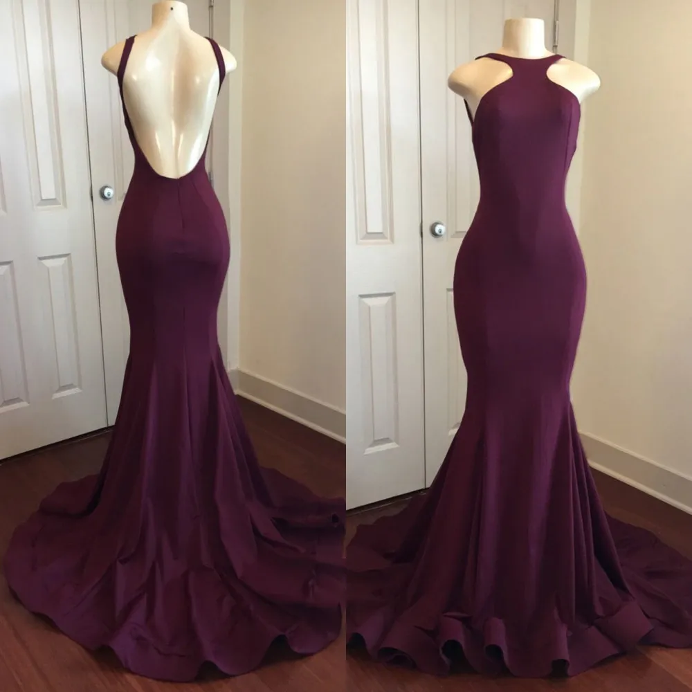 

Simple Purple Mermaid Dress Evening 2019 High Quality Elastic Satin Backless Sweep Train Formal Dresses Cheap Prom Party Gowns