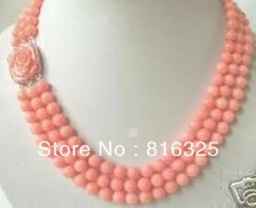 

FREE SHIPPING>>Rare 3 rows angel skin pink 6-7mm coral beads necklace & flower clasp #Q447
