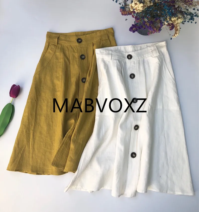 

2019 New Women Linen Midi Skirt Front Single Buttons French Style A Line Skirt