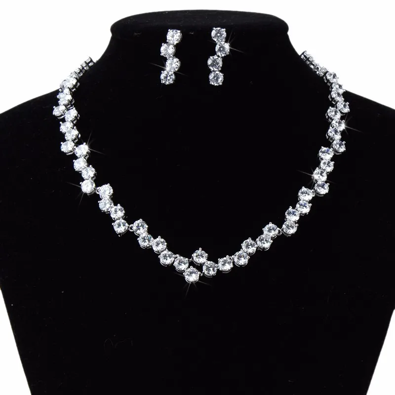 

baiduqiandu New Arrival Simple Round CZ Wedding Necklace & Earring Jewelry Sets For Brides Silver-color Jewelry