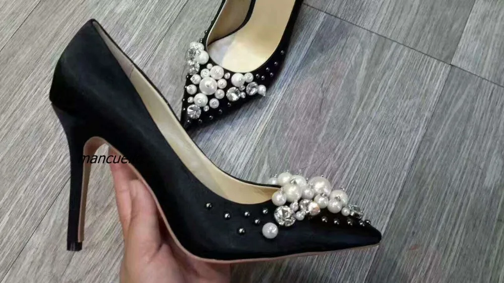 Chic Black Silk Thin High Heels Glittering Crystal Pearl Decorated Stiletto Heels Pumps Women Classy Pointy Slip-on Shoes Chic Black Silk Thin High Heels Glittering Crystal Pearl Decorated Stiletto Heels Pumps Women Classy Pointy Slip-on Shoes