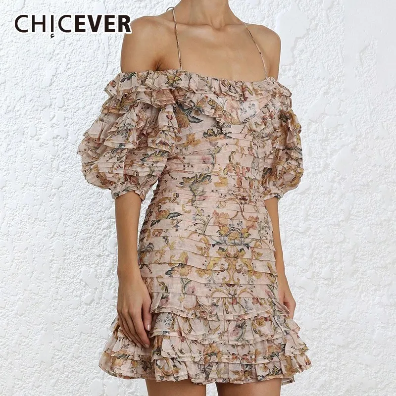 

CHICEVER Summer Vintage Print Patchwork Ruffles Dress For Women Strapless Halter Back Hollow Out Mini A-line The Dresses 2019